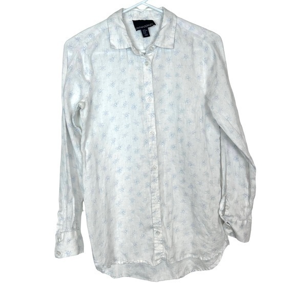 Cynthia Rowley Tops - Cynthia Rowley White Linen Button down Shirt dainty Blue floral Print Top XS